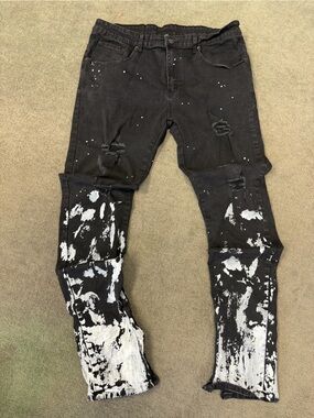 Young & Reckless Mens Black Distressed Stretchy Jeans Paint Splatter 38x32